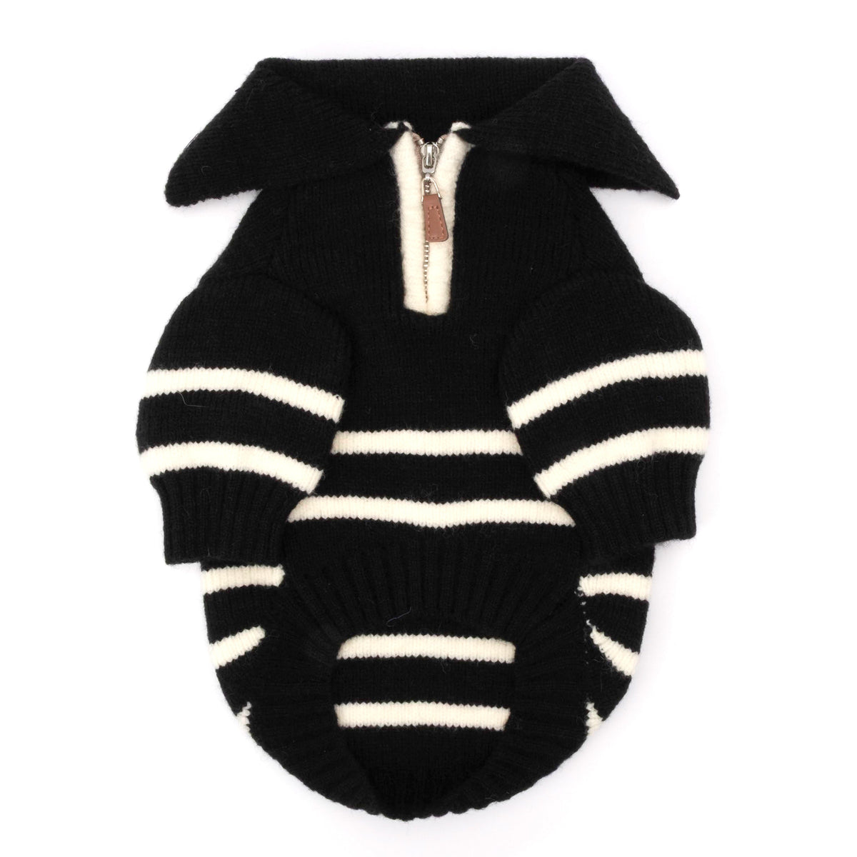 Stripe 1/4 Zip Pullover Dog Sweater – Acrylic, Black/White, Sizes XS–XXL