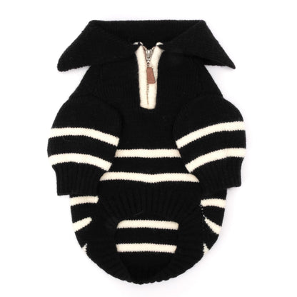 Stripe 1/4 Zip Pullover Dog Sweater – Acrylic, Black/White, Sizes XS–XXL