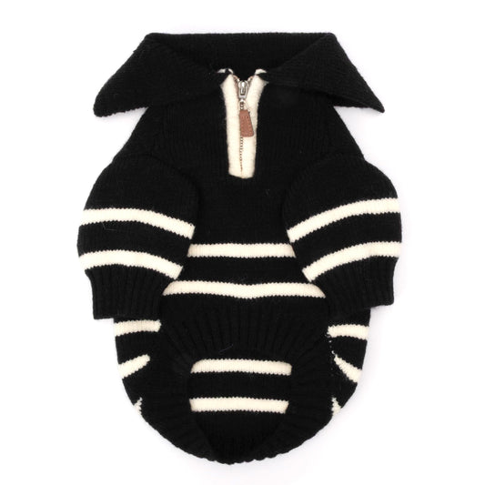 Stripe 1/4 Zip Pullover Dog Sweater – Acrylic, Black/White, Sizes XS–XXL