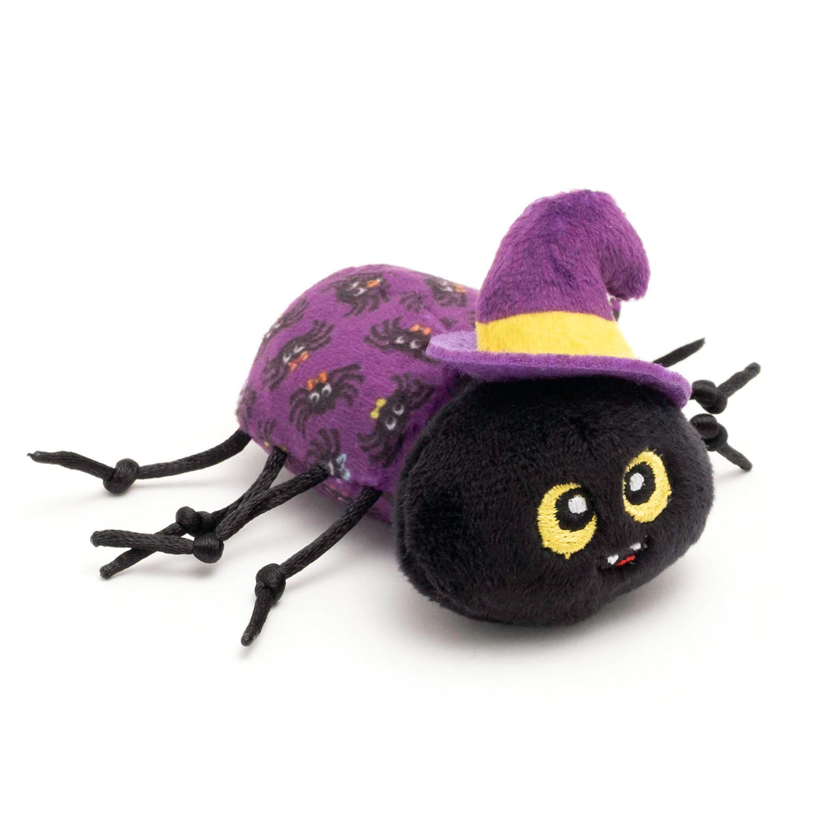 Purple Spider Catnip Cat Toy with Witch Hat, angled view with purple hat