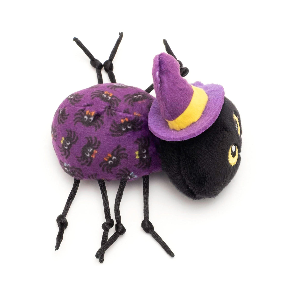 Purple Spider Catnip Cat Toy with Witch Hat, top view