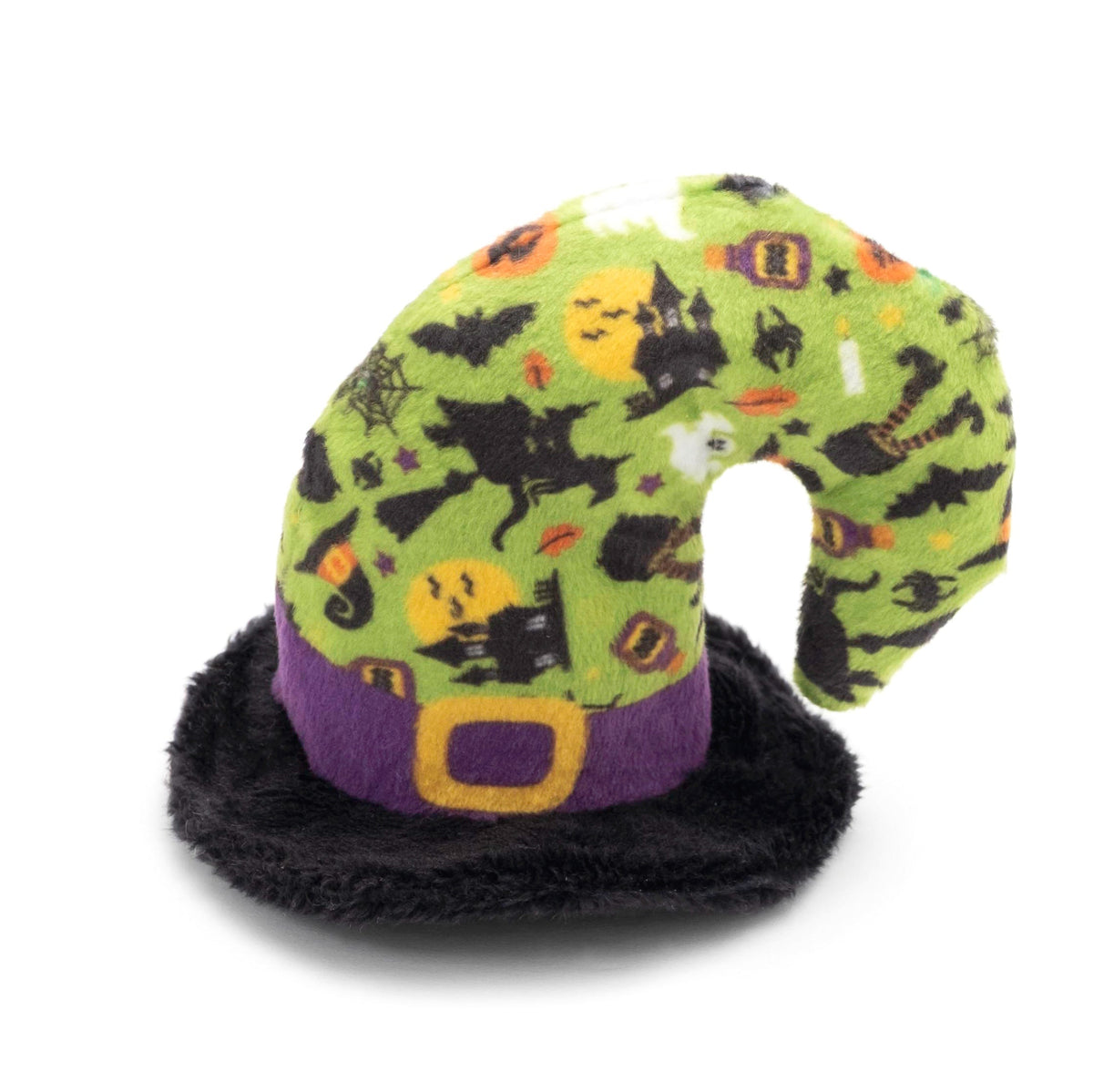 Lime Witch Hat Catnip Cat Toy, alternate angle of curled hat