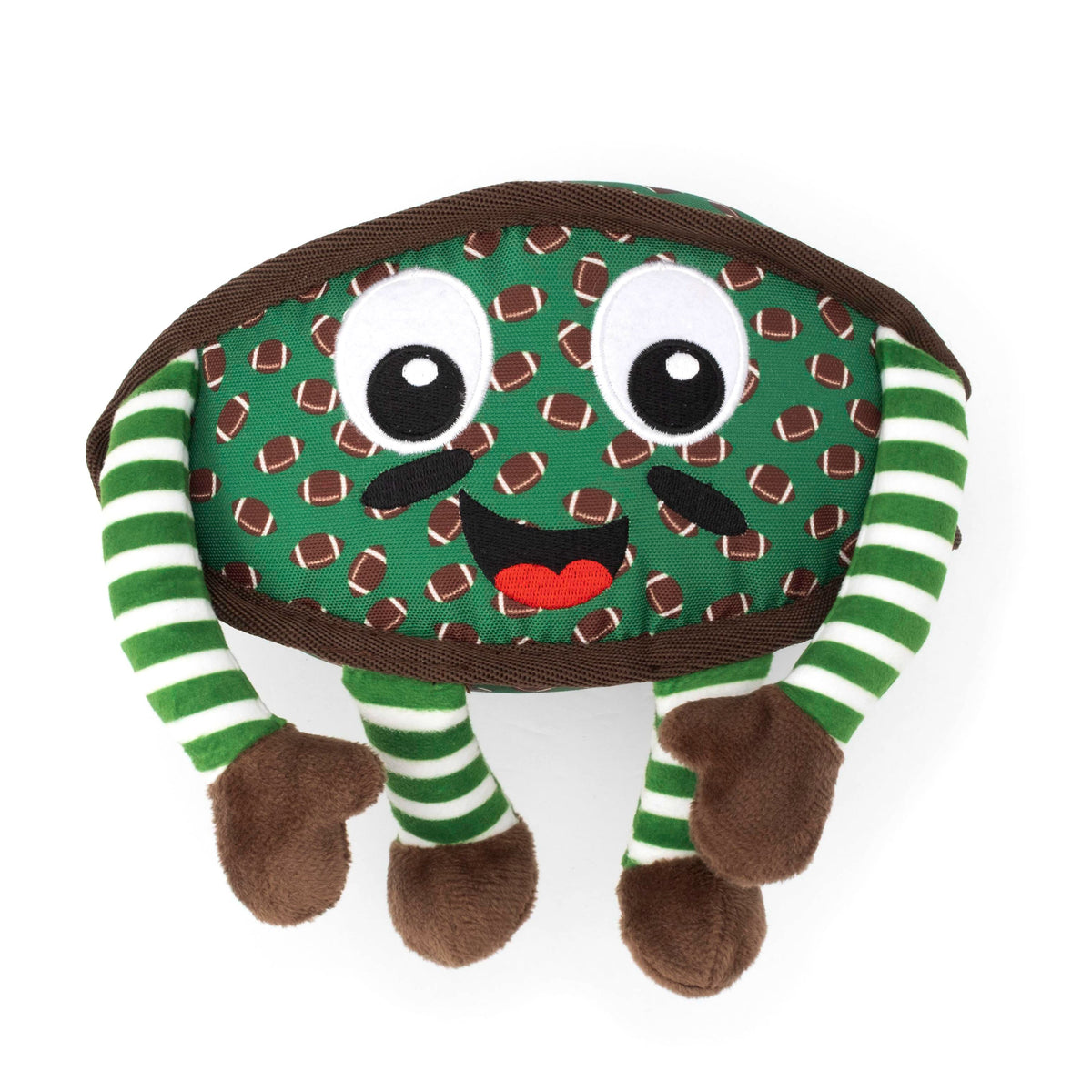 Green Football Player Squeaky Dog Toy, front view with striped limbs