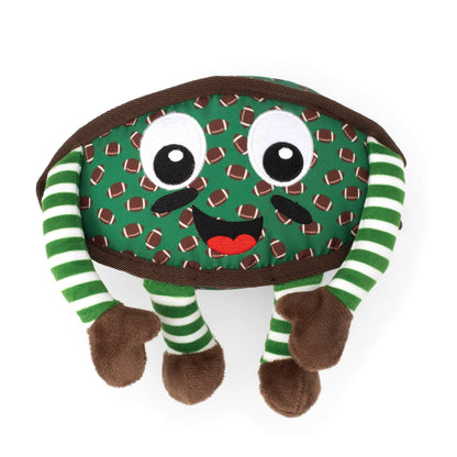 Green Football Player Squeaky Dog Toy, front view with striped limbs