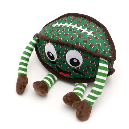Green Football Player Squeaky Dog Toy, angled view
