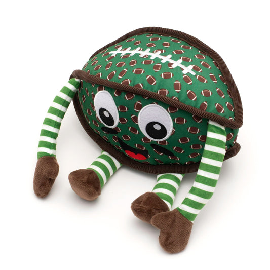 Green Football Player Squeaky Dog Toy, angled view