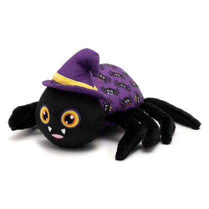 Purple Spider Squeaky Dog Toy with Witch Hat, angled view with purple witch hat