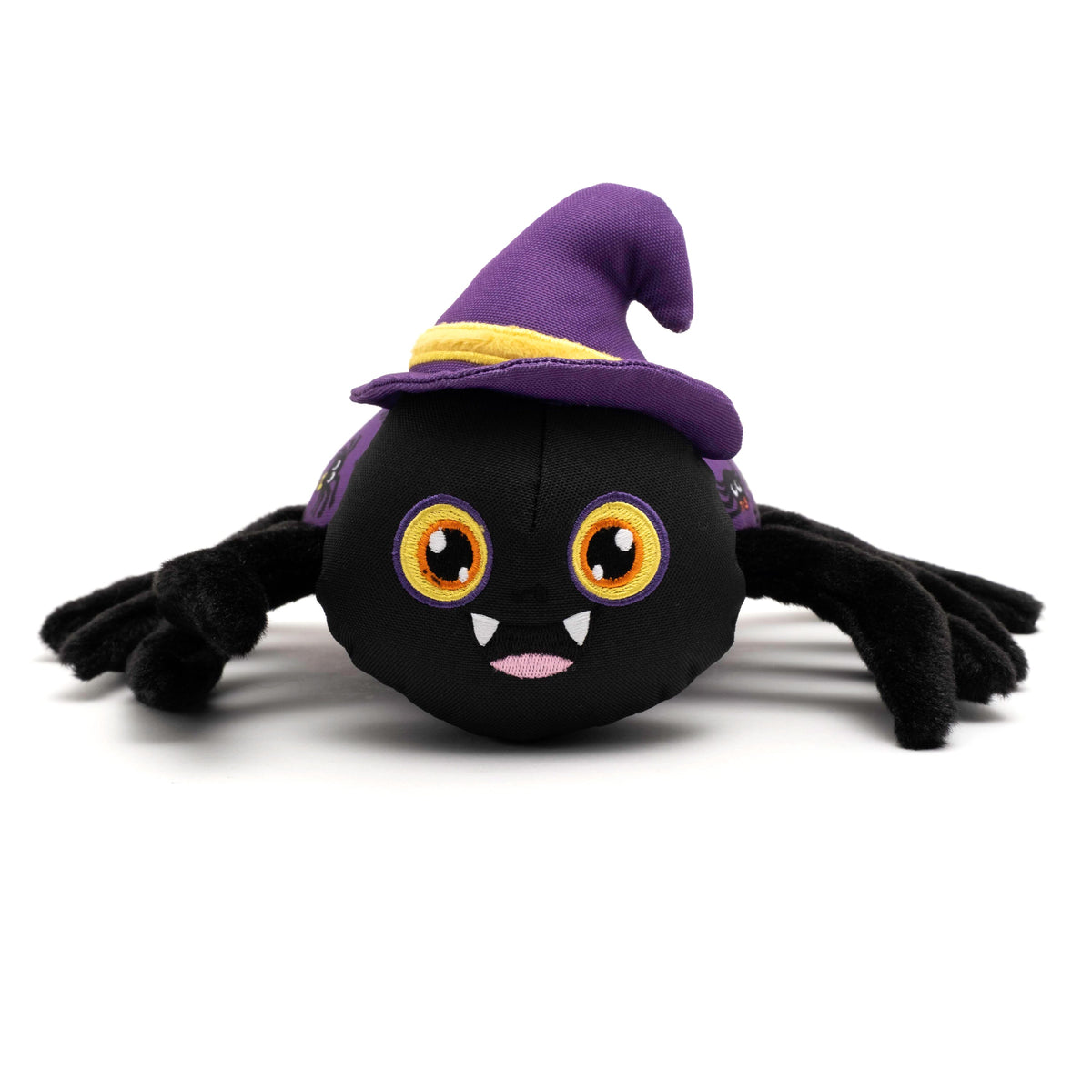 Purple Spider Squeaky Dog Toy with Witch Hat, front view