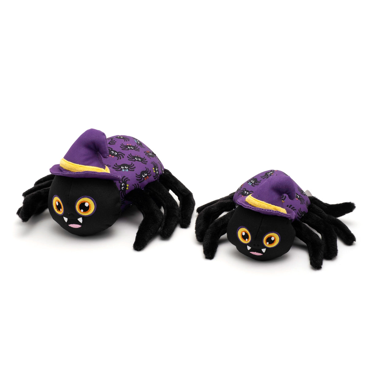 Purple Spider Squeaky Dog Toy with Witch Hat, Small and Large size comparison