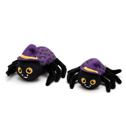 Purple Spider Squeaky Dog Toy with Witch Hat, Small and Large size comparison
