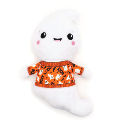 White Ghost Squeaky Dog Toy with Orange Halloween Shirt, front view in orange Halloween shirt
