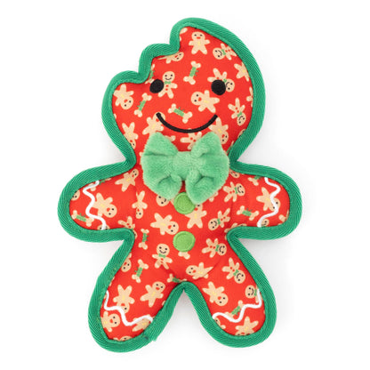 Red Gingerbread Squeaky Dog Toy with Green Bow, front view with green bow