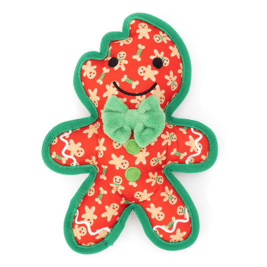 Red Gingerbread Squeaky Dog Toy with Green Bow, front view with green bow