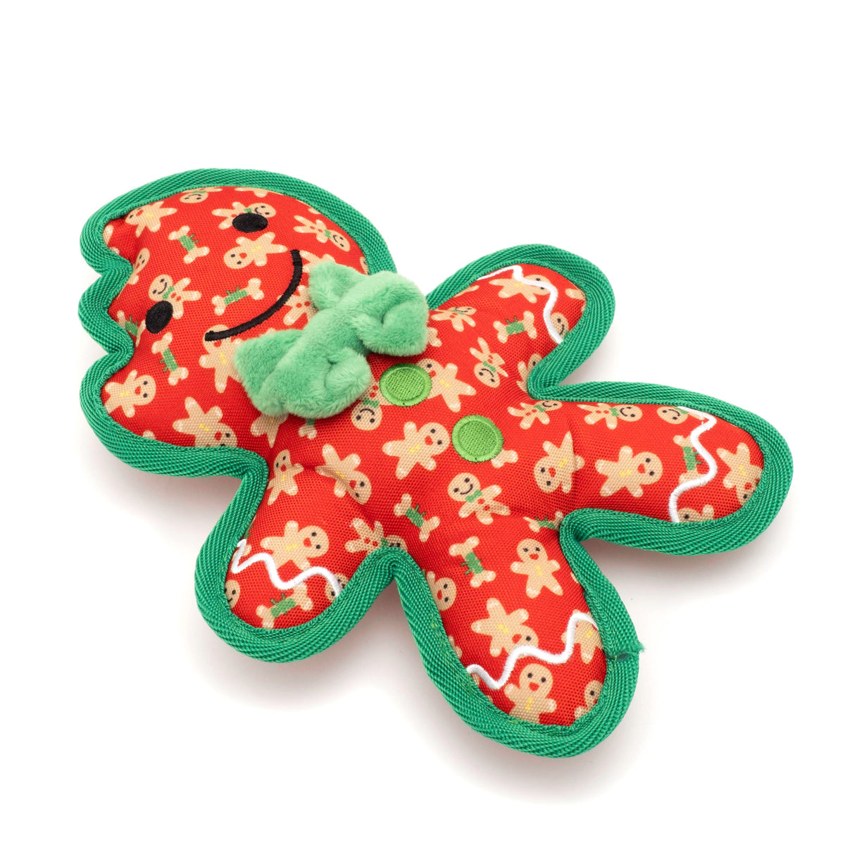 Red Gingerbread Squeaky Dog Toy with Green Bow, angled view