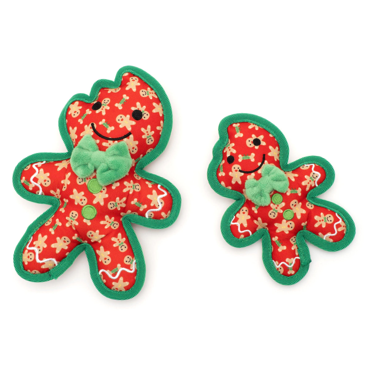 Red Gingerbread Squeaky Dog Toy with Green Bow, Small and Large size comparison