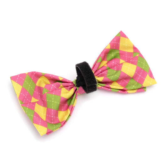 Bright Argyle Dog Bow Tie – Polyester, Multicolored, Sizes S, L