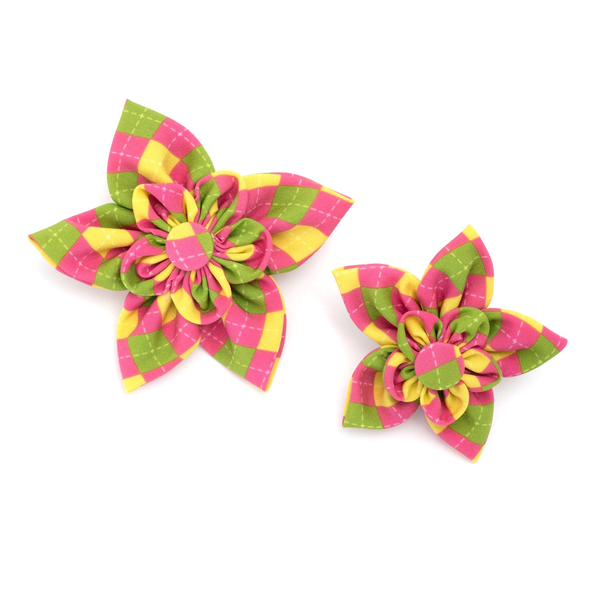 Bright Argyle Dog Flower – Polyester, Multicolored, Sizes S, L