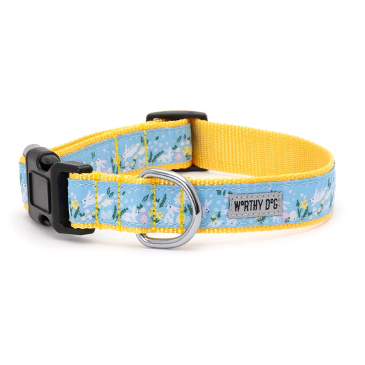 Bunnies & Flowers Dog Dog Collar – Blue, Sizes XS–XL