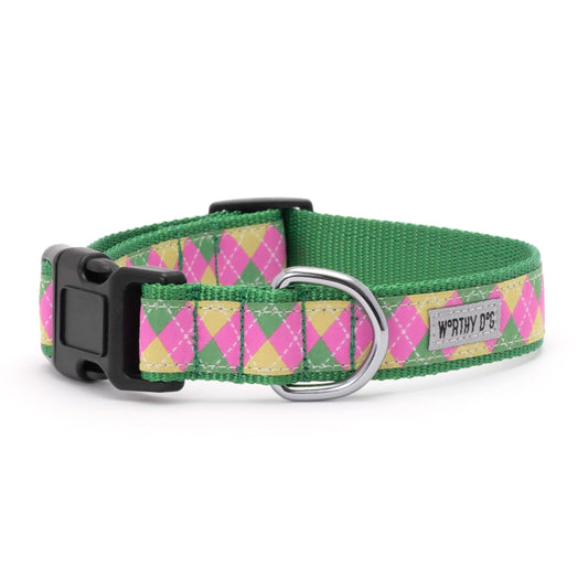 Pink and Green Argyle Nylon Dog Collar in pink/green, product view 2