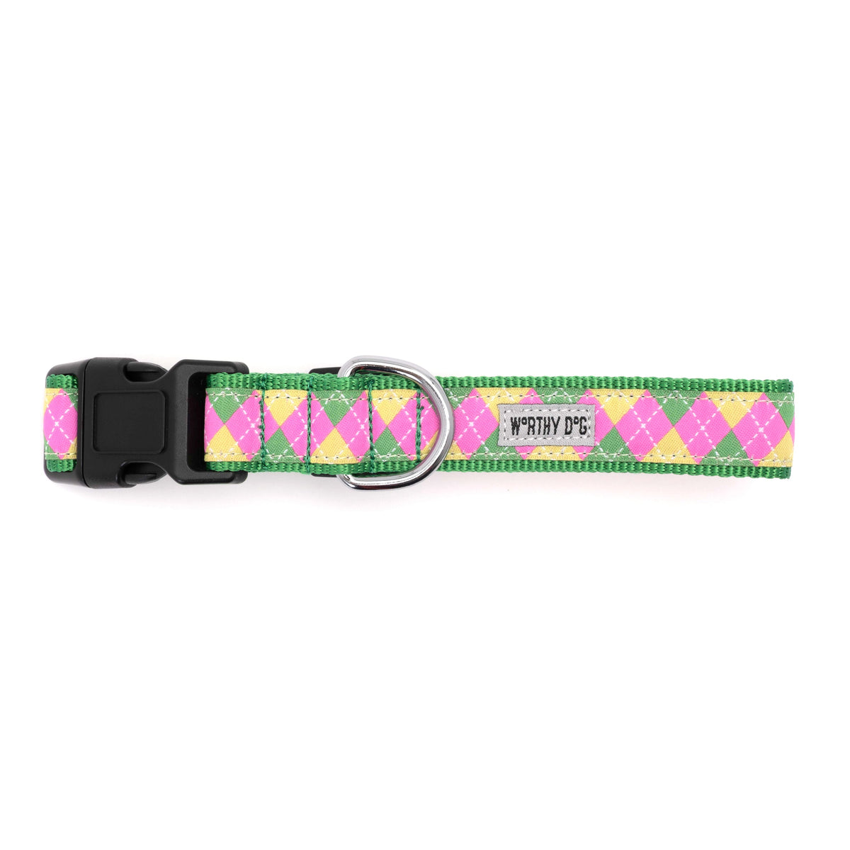 Pink and Green Argyle Nylon Dog Collar in pink/green, product view 3