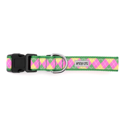 Pink and Green Argyle Nylon Dog Collar in pink/green, product view 3