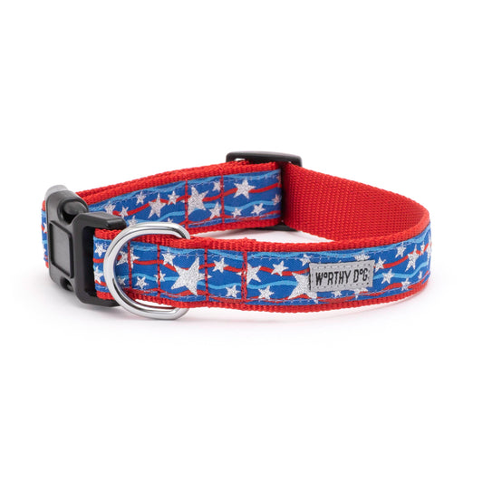 Star Spangled Dog Dog Collar – Red/White/Blue, Sizes XS–XL