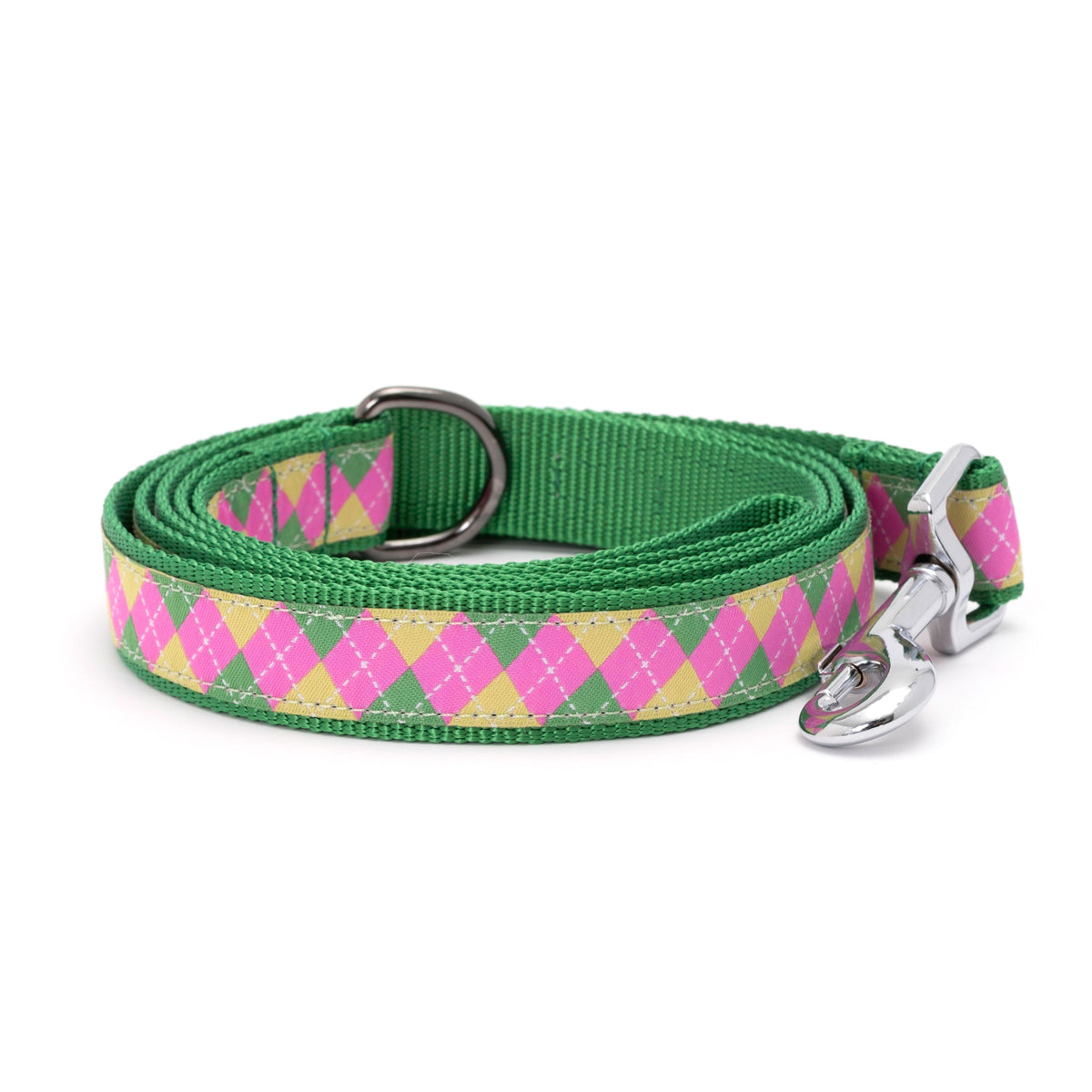 Bright Argyle pink/green ribbon and nylon dog leash, coiled leash