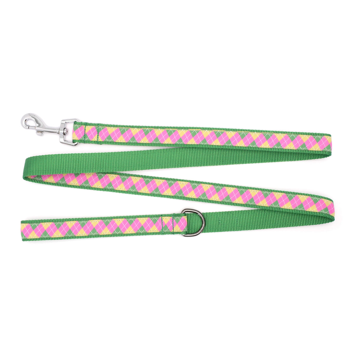 Bright Argyle pink/green ribbon and nylon dog leash, product view 2