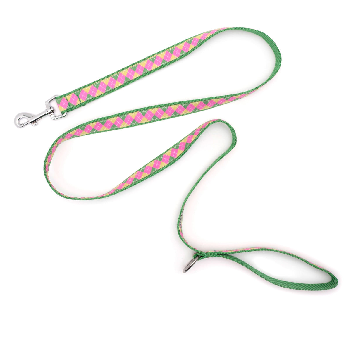 Bright Argyle pink/green ribbon and nylon dog leash, product view 3