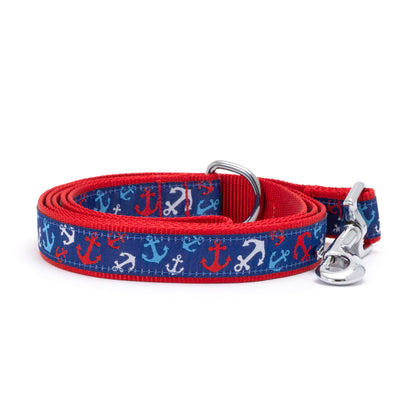Anchors Ahoy red/white/blue ribbon and nylon dog leash, coiled leash