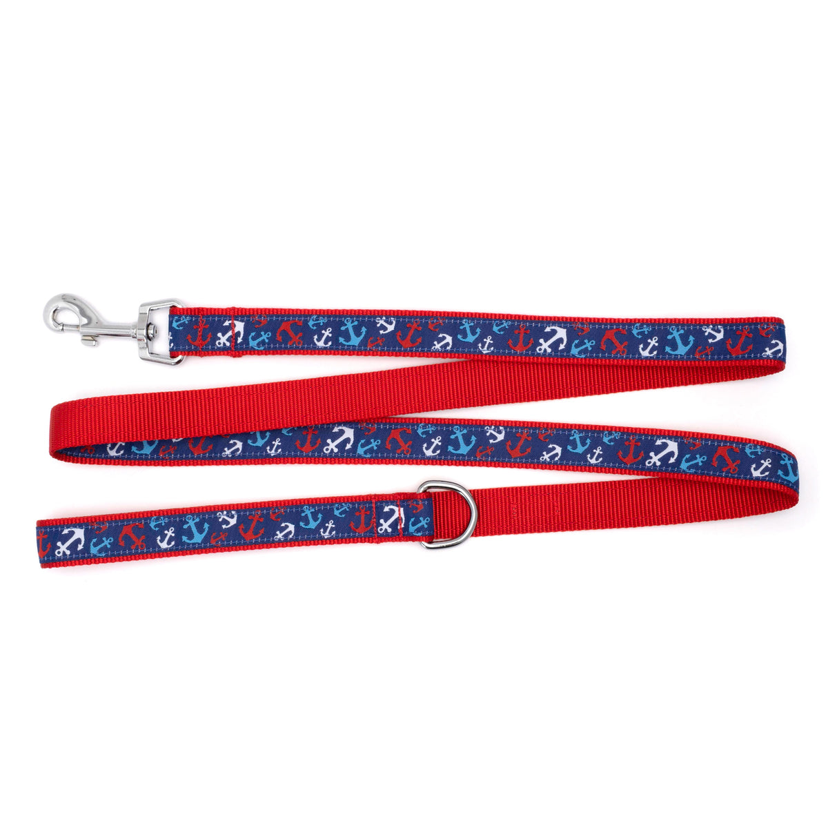 Anchors Ahoy red/white/blue ribbon and nylon dog leash, product view 2