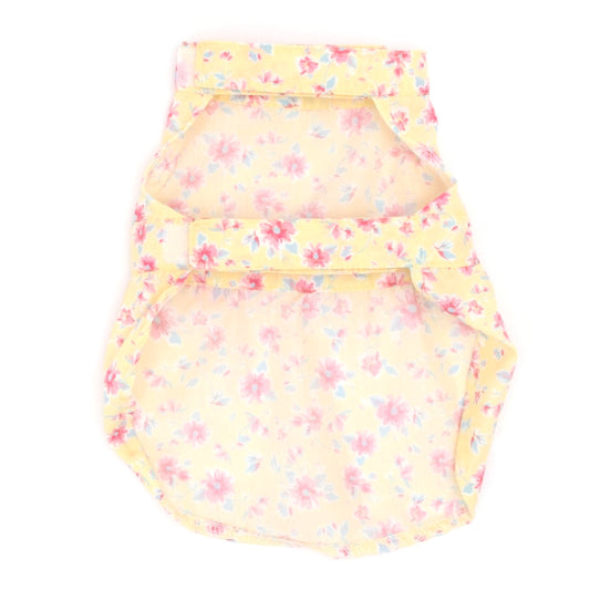 Fancy Floral Dog Dress – Polyester, Yellow & Blue, Sizes XS–XXL