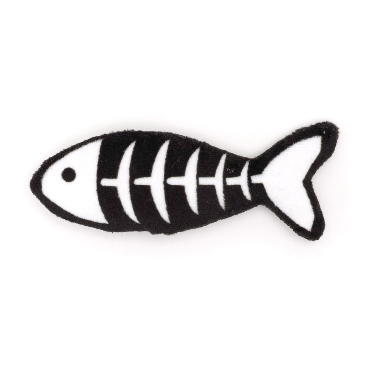 Black Fish Skeleton Catnip Cat Toy, front view of white skeleton design