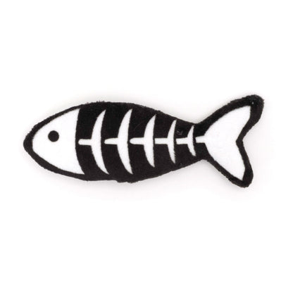 Black Fish Skeleton Catnip Cat Toy, front view of white skeleton design