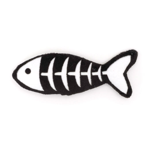 Black Fish Skeleton Catnip Cat Toy, front view of white skeleton design
