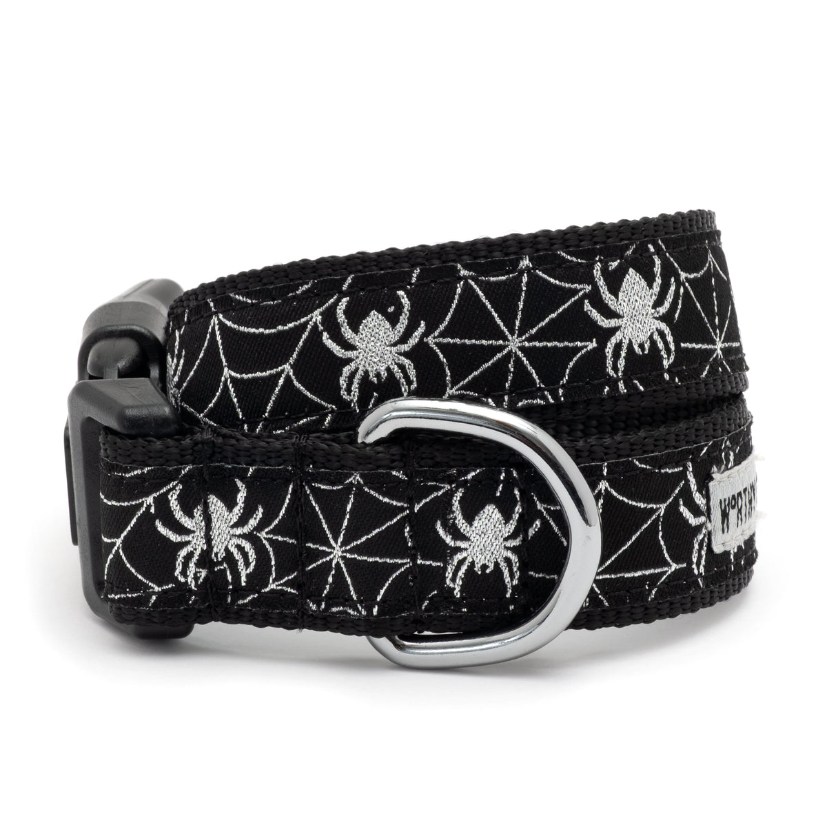 White spiders and webs on black ribbon Halloween dog collar, front view