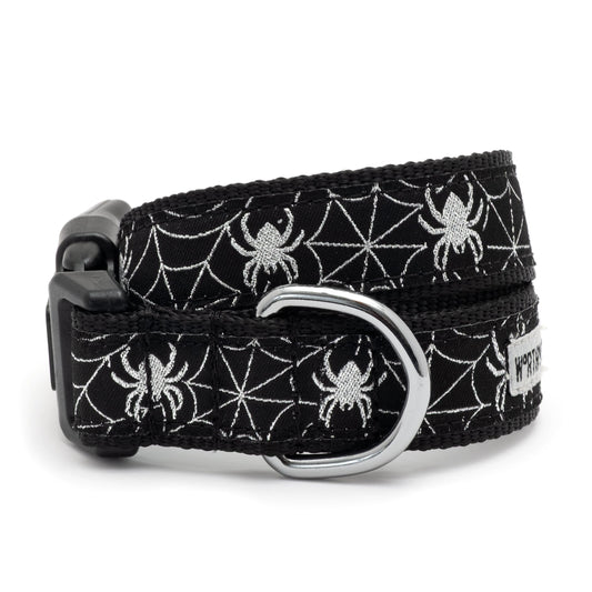 White spiders and webs on black ribbon Halloween dog collar, front view