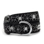 White spiders and webs on black ribbon Halloween dog collar, front view