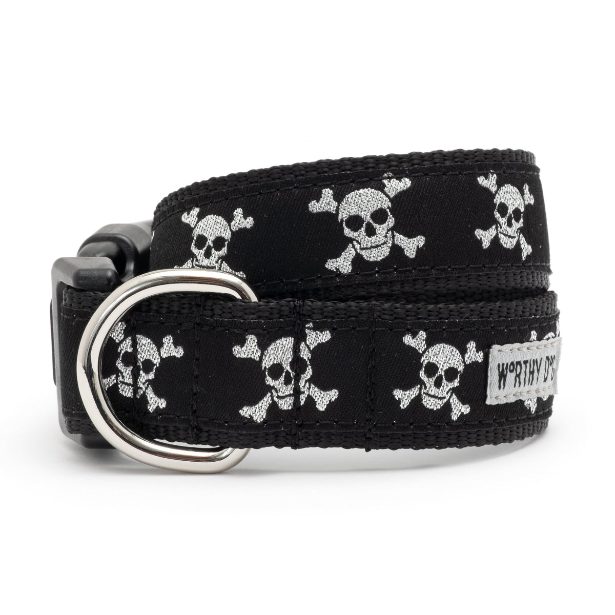 White skull and crossbones motifs on black ribbon Halloween dog collar, front view