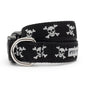 White skull and crossbones motifs on black ribbon Halloween dog collar, front view