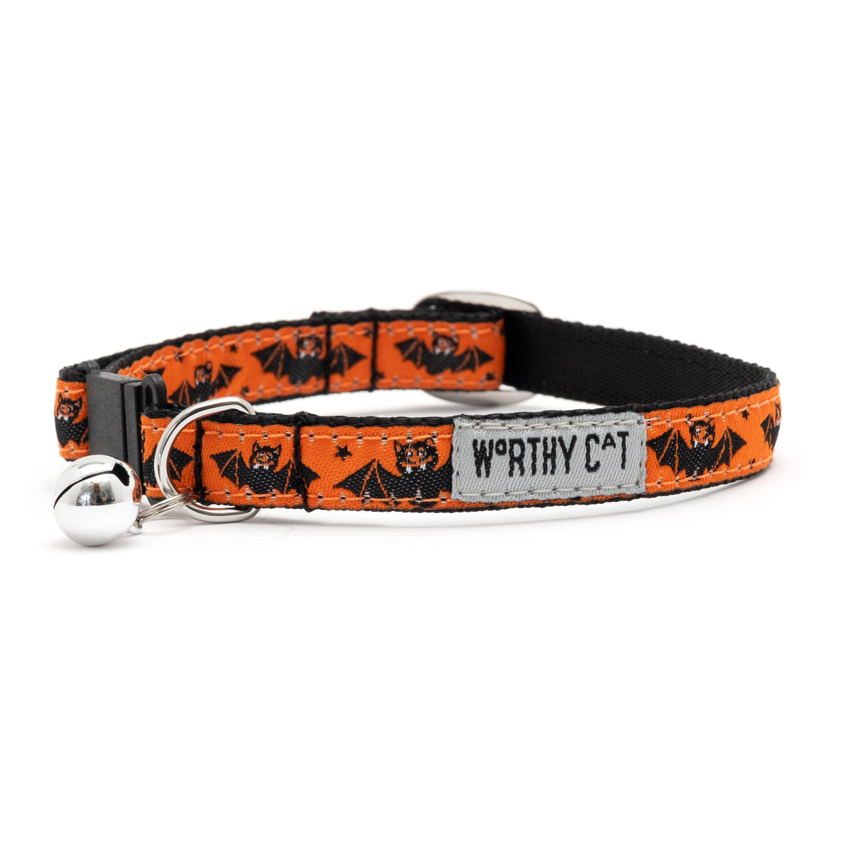 Black bats on orange ribbon Halloween cat collar, front view