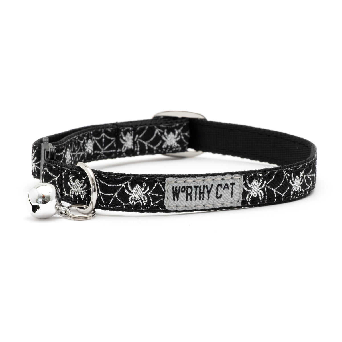 White spiders and webs on black ribbon Halloween cat collar, front view