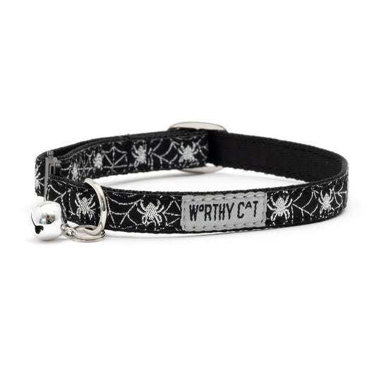 White spiders and webs on black ribbon Halloween cat collar, front view