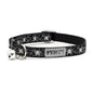 White spiders and webs on black ribbon Halloween cat collar, front view