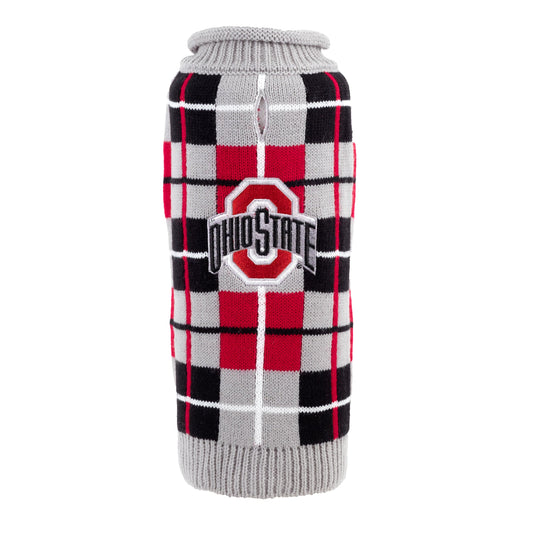 Ohio State Plaid Dog Sweater – Acrylic, Gray Multicolored, Sizes XXS–XL