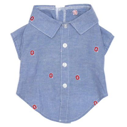 Ohio State Chambray Block O Dog Shirt – Cotton, Blue, Sizes XS–XXL