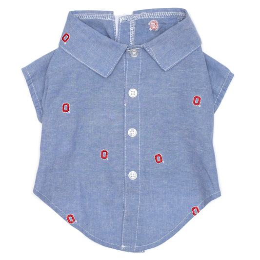 Ohio State Chambray Block O Dog Shirt – Cotton, Blue, Sizes XS–XXL
