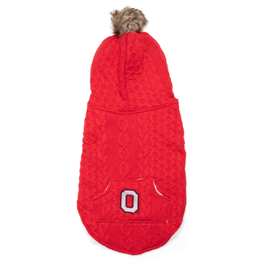 Ohio State Cable Hoodie Dog Sweater – Acrylic, Scarlet, Sizes XS–XXL