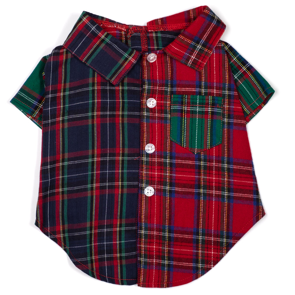 Colorblock Tartan Dog Shirt – Cotton, Red/Navy Multicolored, Sizes XS–XXL