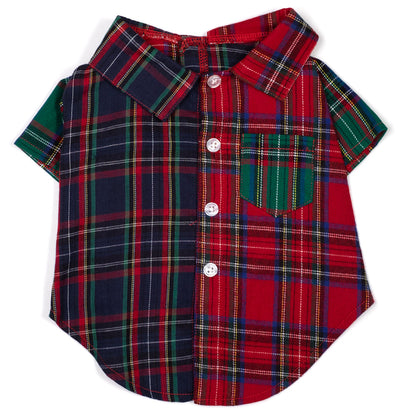 Colorblock Tartan Dog Shirt – Cotton, Red/Navy Multicolored, Sizes XS–XXL